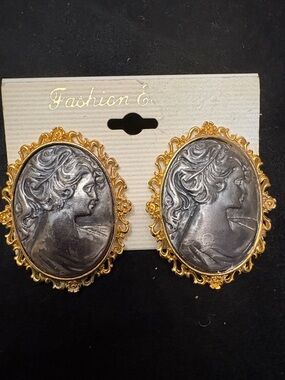 Gold and Silver Cameo Statement Earrings -